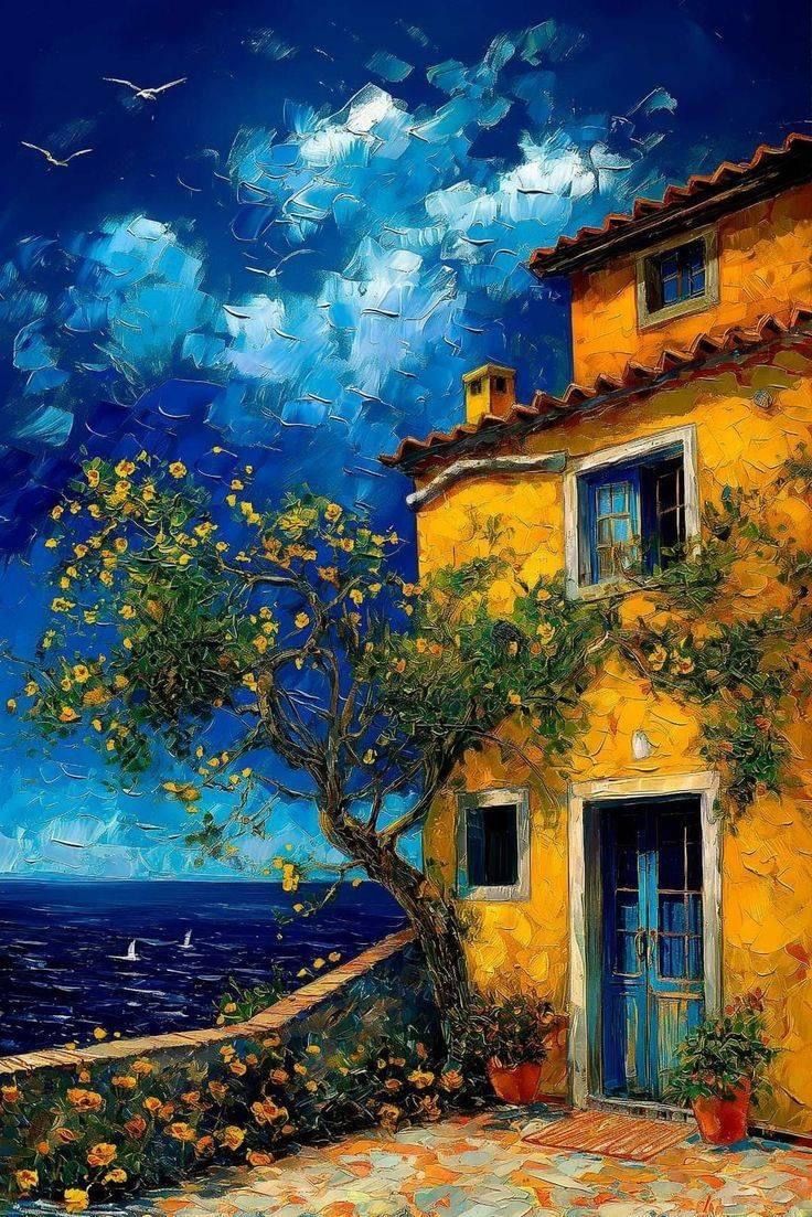 an oil painting of a yellow house by the ocean with blue sky and clouds in the background