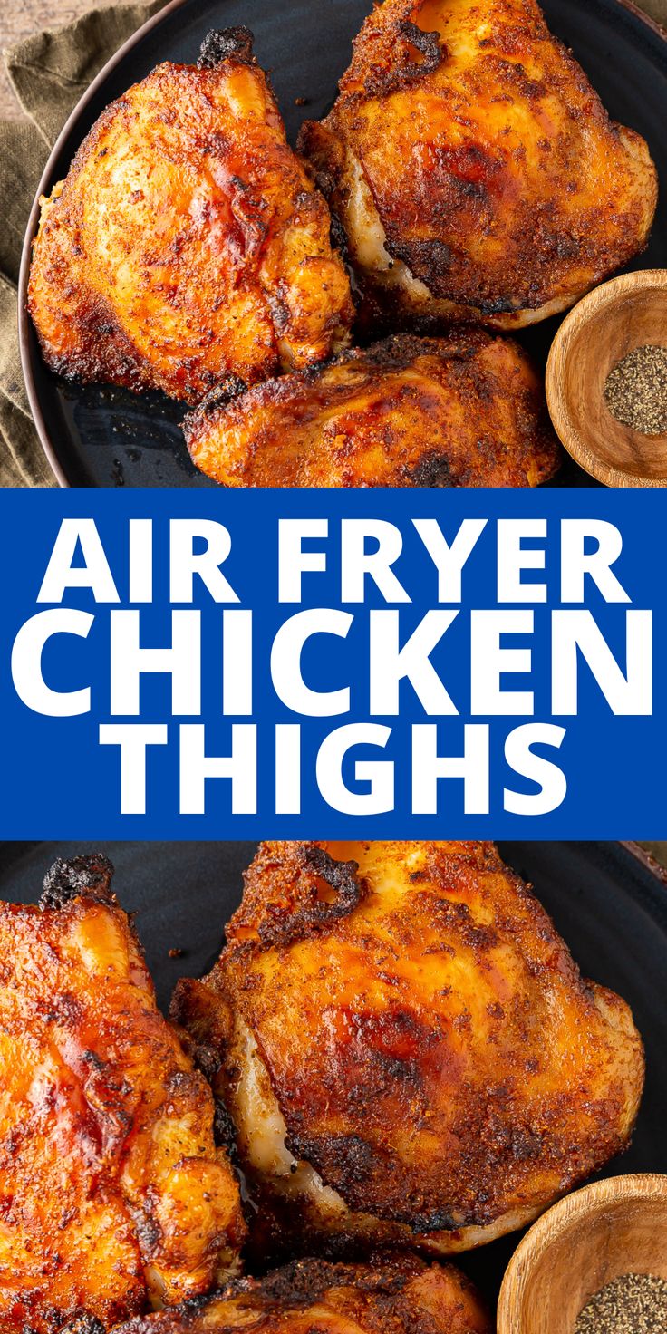 air fryer chicken thighs on a black plate