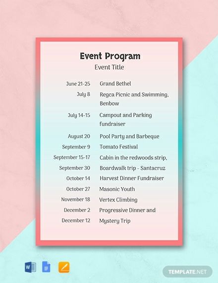 the event program is displayed on a pink and blue background