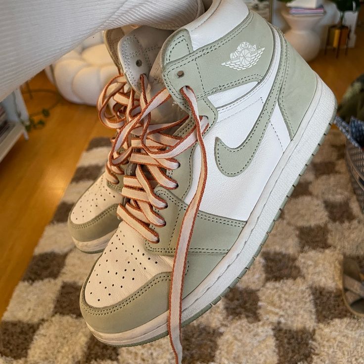 Jordan 1 High Tops In Seafoam With Original Laces With Burnt Orange Outline Worn Only A Couple Times - Like New Market Value Right Now Is $314 Jordan 1 High Tops, Orange Outline, Shoes Jordan 1, Market Value, Womens Jordans, Jordan 1 High, New Market, Couple Time, Sea Foam