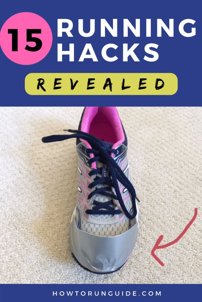 a pair of running shoes with the text 15 running hacks revealed on top and bottom