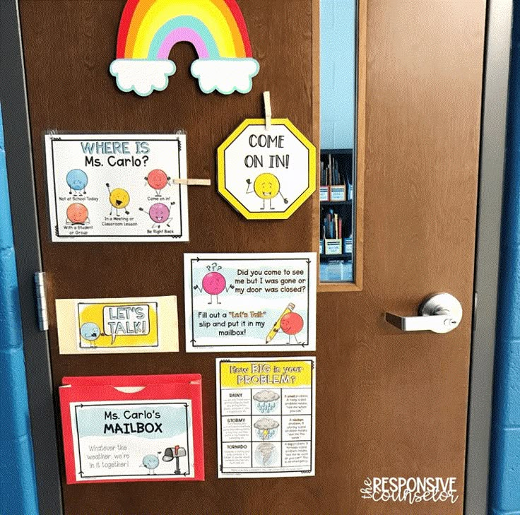 a door decorated with bulletin boards and magnets