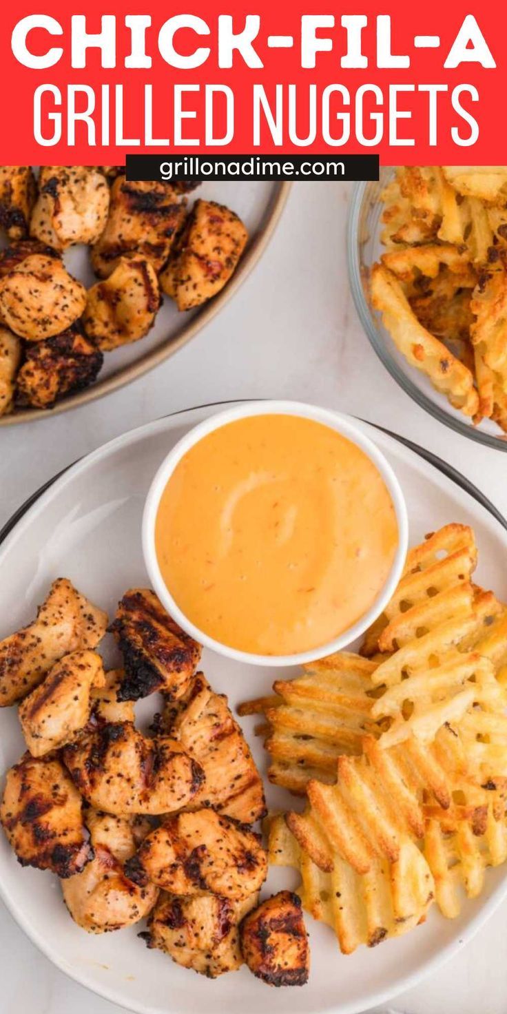 grilled chicken nuggets on a plate with dipping sauce