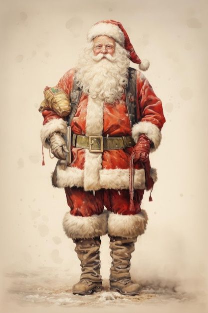 a painting of santa claus standing with his hands in his pockets