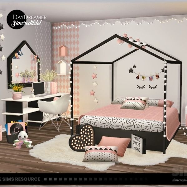 a bedroom with pink and black decor on the walls