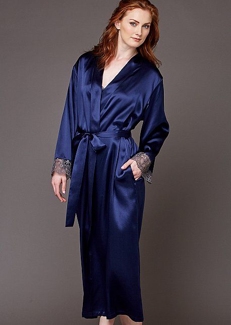 Le Soir Dream Silk Robe Dressing Gown Robe Blue, Luxury Blue Loungewear Dress, Luxury Modal Satin Night Dresses, Luxury Blue Dresses For Loungewear, Luxury Classic Daywear Robe, Luxury V-neck Formal Robe, Luxury Women's Robe For Loungewear, Luxury Satin Finish Robe For Women, Luxury Satin Finish Women's Robe