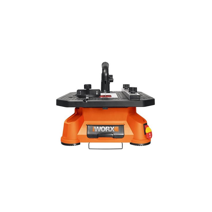 an orange table sawing machine sitting on top of a white background with the word work written