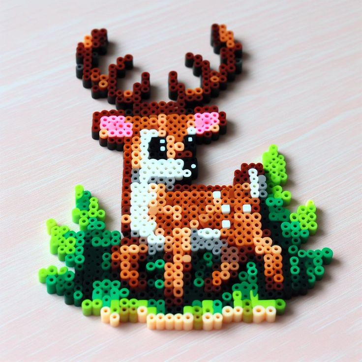 the beaded deer is sitting in the grass