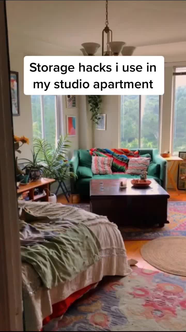 a room with a bed, couch and table in it that says storage hacks i use in my studio apartment