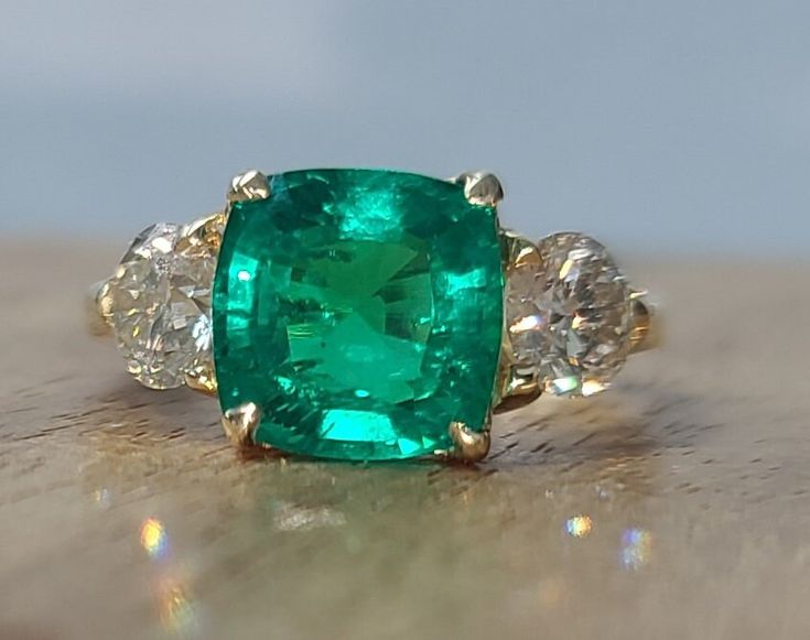 Emerald Three Stone Ring, Emerald Engagement Ring Green, Affordable Rings, Green Sapphire Engagement, Green Sapphire Engagement Ring, Special Ring, Yellow Gold Engagement, Emerald Engagement, Emerald Engagement Ring