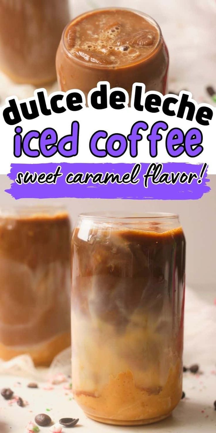 two jars filled with iced coffee sitting on top of a table