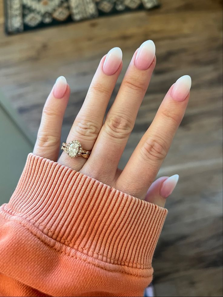 Pink White Ombré SNS Almond Nails Sns Almond Nails, Ombré Sns, White Almond Acrylic, White Almond Acrylic Nails, Pink And White Almond Nails, White Almond Nails, Pink White Nails, Almond Acrylic, Girly Acrylic