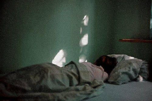 an unmade bed in a green room with sunlight coming through the window and shadows on the wall