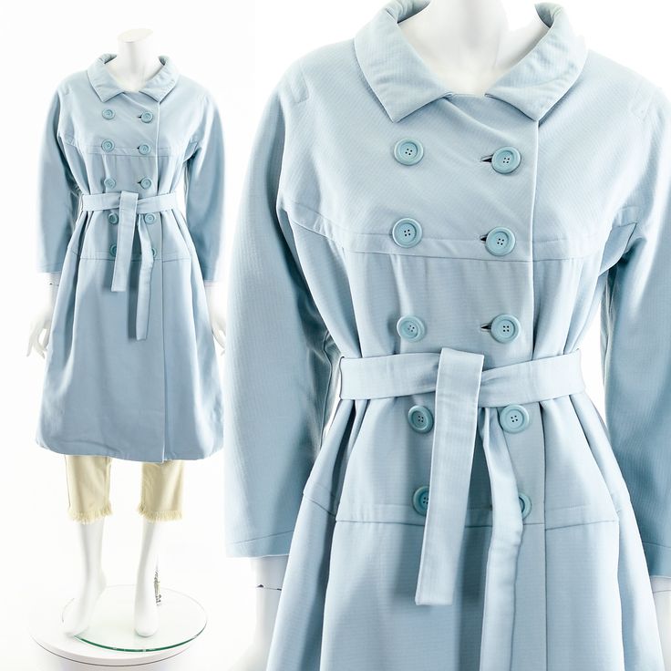 "-Incredible 60's Bergdorf Goodman baby blue wool swing coat -Substantial and high quality wool and construction of overall coat -Peter pan collar -Double breasted button up front -Long sleeves -Hidden inseam pockets -Matching waistbelt -Amazing quality coat in pristine condition, I could see this on Audrey Hepburn or Zooey Deschanel Brand/Designer/Label: Bergdorf Goodman on the Plaza New York Fits like: Small-Medium (Depending on Desired Fit) Material: Heavy wool outer, silk lining Condition: I Retro Daywear Outerwear With Buttons, Retro Outerwear With Buttons For Daywear, The Plaza New York, Fall Color Dresses, Plaza New York, Jackie O Style, Button Front Maxi Dress, New York Fits, Black And Silver Dress