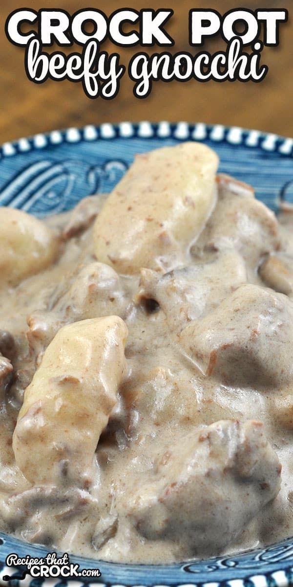 crock pot beef and gravy gnocchi recipe on a blue plate