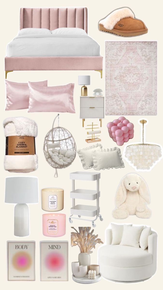 a collage of pink and white items including a bed, chair, lamps, rugs, pillows