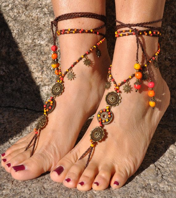 SUN MANDALA barefoot SANDALS orange foot jewelry hippie Adjustable Beaded Bohemian Barefoot Sandals, Summer Festival Beaded Anklets, Handmade Summer Anklets With Ankle Wrap, Handmade Summer Ankle Wrap Anklets, Handmade Ankle Wrap Anklets For Summer, Handmade Bohemian Anklets With Ankle Strap, Bohemian Handmade Anklets With Ankle Strap, Bohemian Handmade Ankle Wrap Anklets, Bohemian Anklets For Festivals