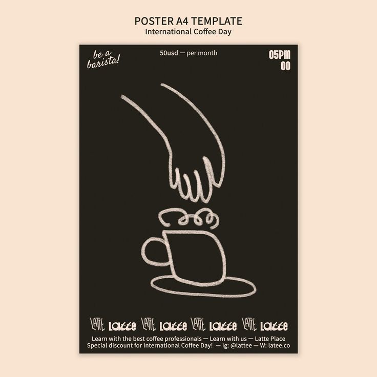 a poster with a coffee cup and saucer on it, in black and white