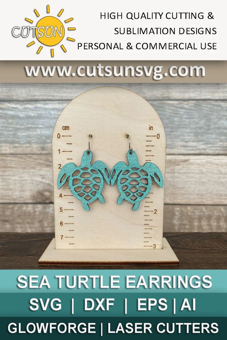 the sea turtle earrings are on display in front of a wooden sign that says,