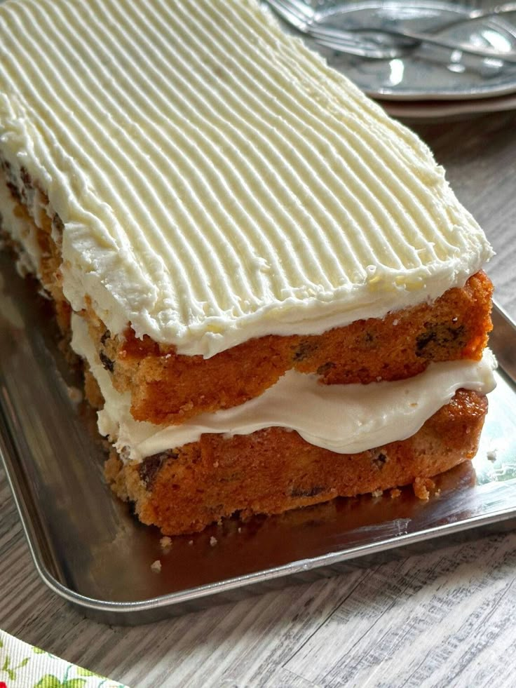 a piece of cake sitting on top of a metal tray