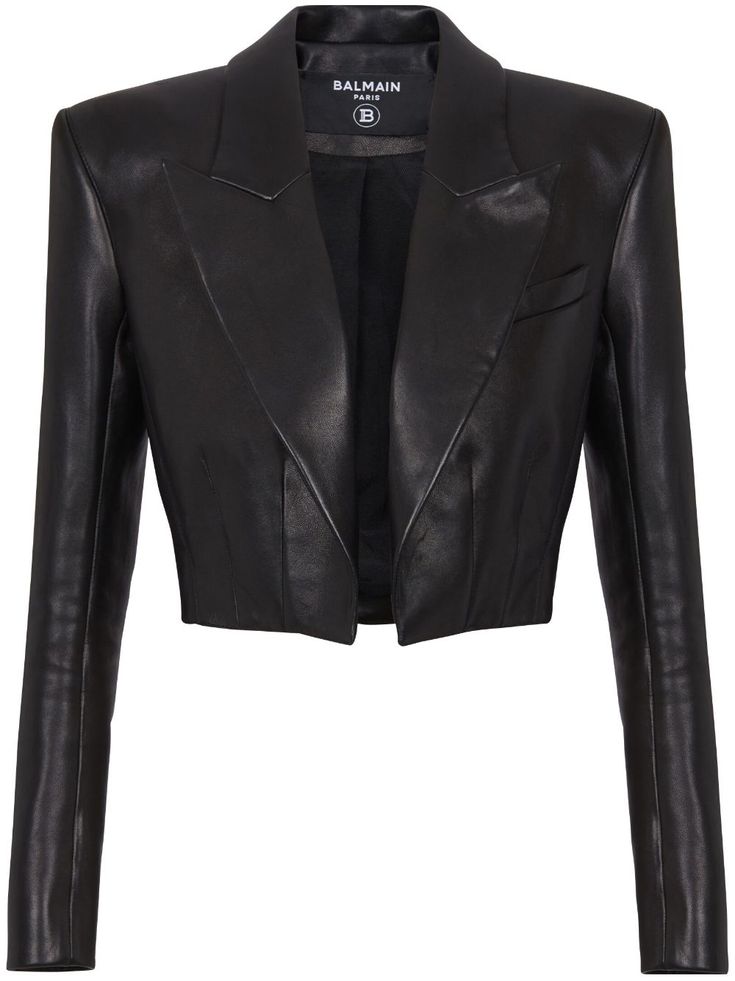 black lambskin cropped classic lapels chest welt pocket long sleeves straight hem buttoned-cuff sleeves straight hem Black Leather Jacket Aesthetic, Crop Black Jacket, Bayonetta Style, Black Leather Jacket Women, Spiked Leather Jacket, Structured Dresses, Leather Crop Jacket, Cropped Jackets, Women Blazers