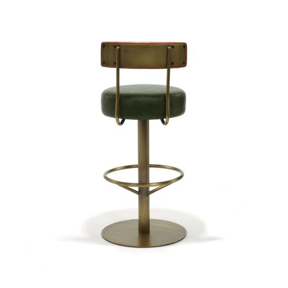 an image of a modern bar stool with green upholstered seat and metal base