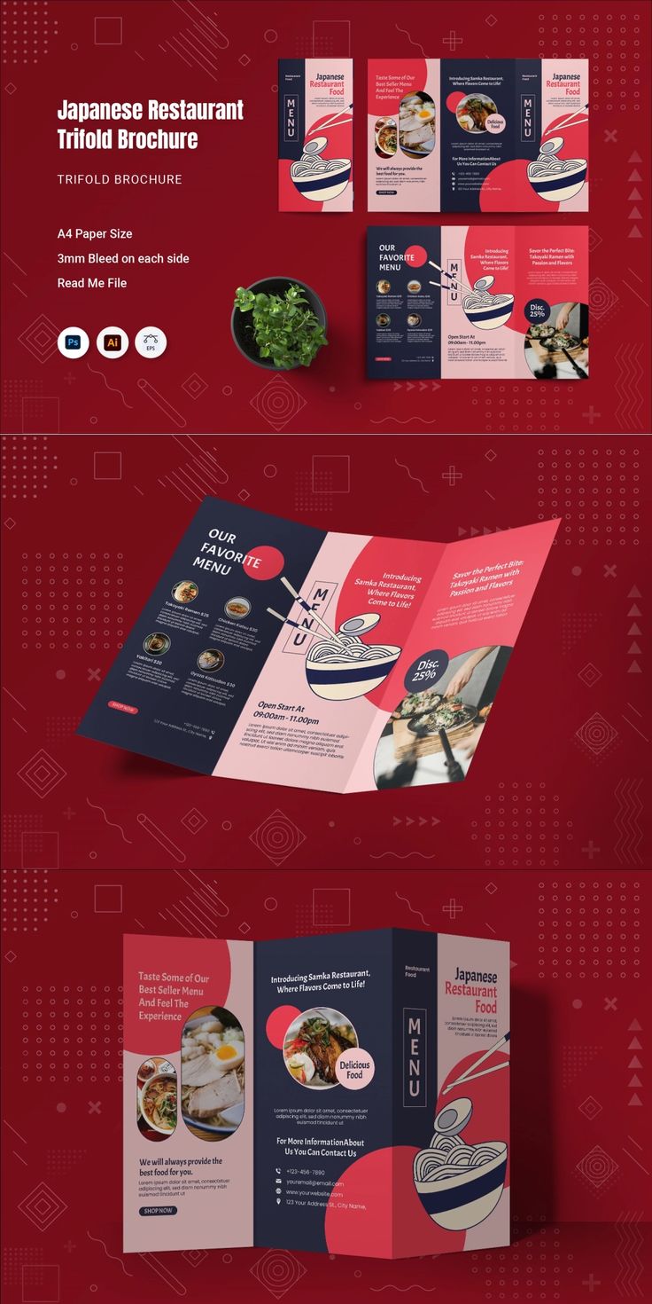 a red and blue brochure with an image of food on it