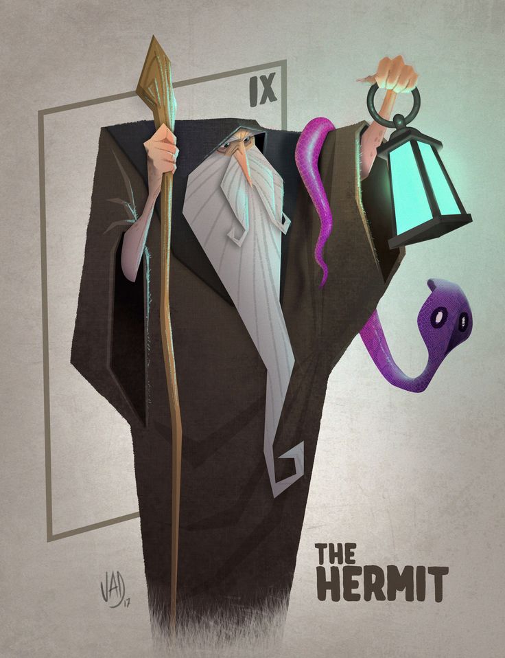 an illustration of a man holding a lamp and snake in his hand with the words the hermit on it