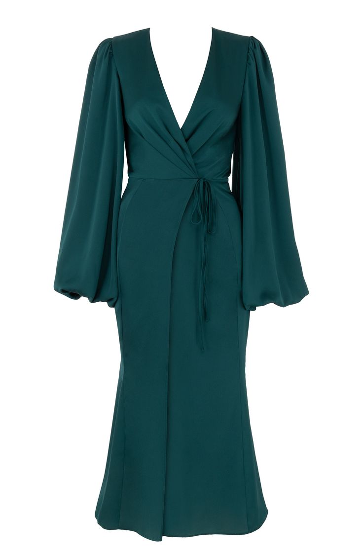 Voluminous balloon sleeves frame this richly hued wrap dress crafted from glossy satin. Exclusive retailer True wrap style with tie closure Surplice V-neck Long sleeves Unlined 100% polyester Dry clean Imported Max Dresses, Green Wrap Dress, Max Dress, Satin Wrap Dress, Green Wrap, Club Party Dresses, House Of Cb, Maxi Dress Navy, Vintage Maxi Dress