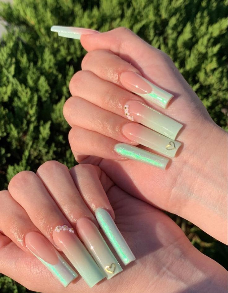 Mint Color Nails Acrylic, Mint Green Marble Nails, Mint Green Acrylics, Mint Nails Acrylic, Cute Mint Green Nails, Fairy Theme Nails, Mint Green Nails Acrylic, Mint Colored Nails, Mint Nails Design