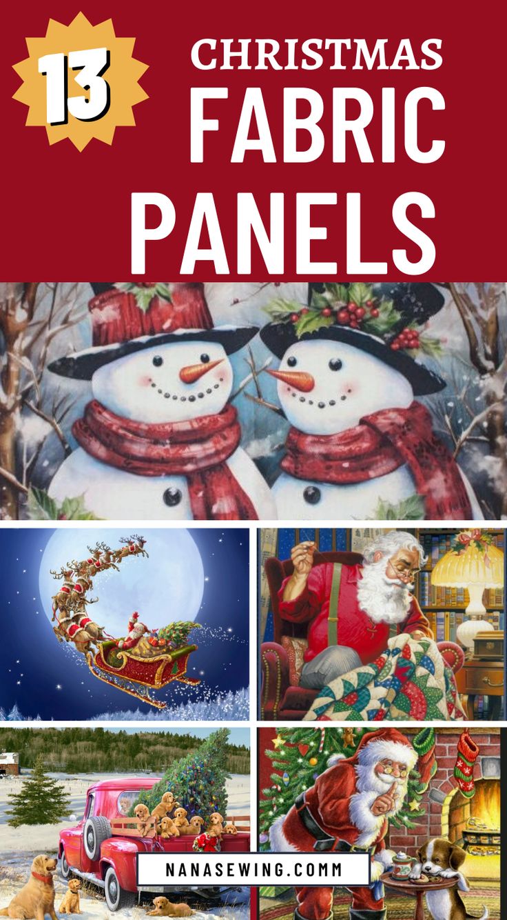 christmas fabric panels with santa claus and snowmen in the background, text reads 15 christmas fabric panels