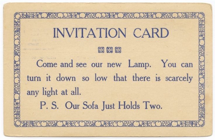 a blue and white card with the words,'invitation card come and see our new lamp you can turn it down so low that there is scarily any light at all