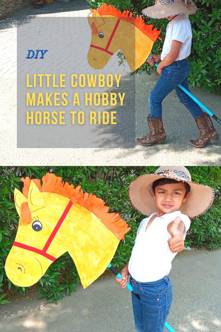 a little boy holding a paper horse and pointing to it's right side with the words diy, little cowboy makes a hobby horse to ride