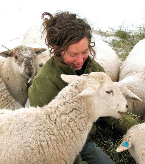 a woman kneeling down with some sheep in her lap and grass on the ground next to her