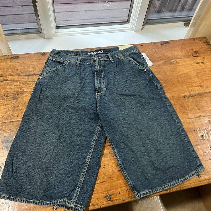 Waist 36”, L14”. Baggy Fit. New Never Worn And No Flaws Blue Casual Jean Shorts With Side Pockets, Casual Blue Jean Shorts With Side Pockets, Casual Blue Jean Shorts With Hip Pockets, Casual Blue Shorts With Hip Pockets, Sporty Medium Wash Bottoms With Pockets, Casual Medium Wash Bermuda Shorts With Pockets, Casual Denim Bermuda Bottoms, Casual Bermuda Shorts In Medium Wash, Casual Bermuda Shorts With Pockets