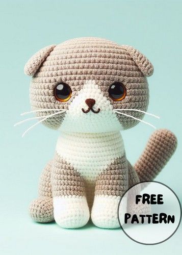 a crocheted cat sitting on top of a blue background with the caption free pattern