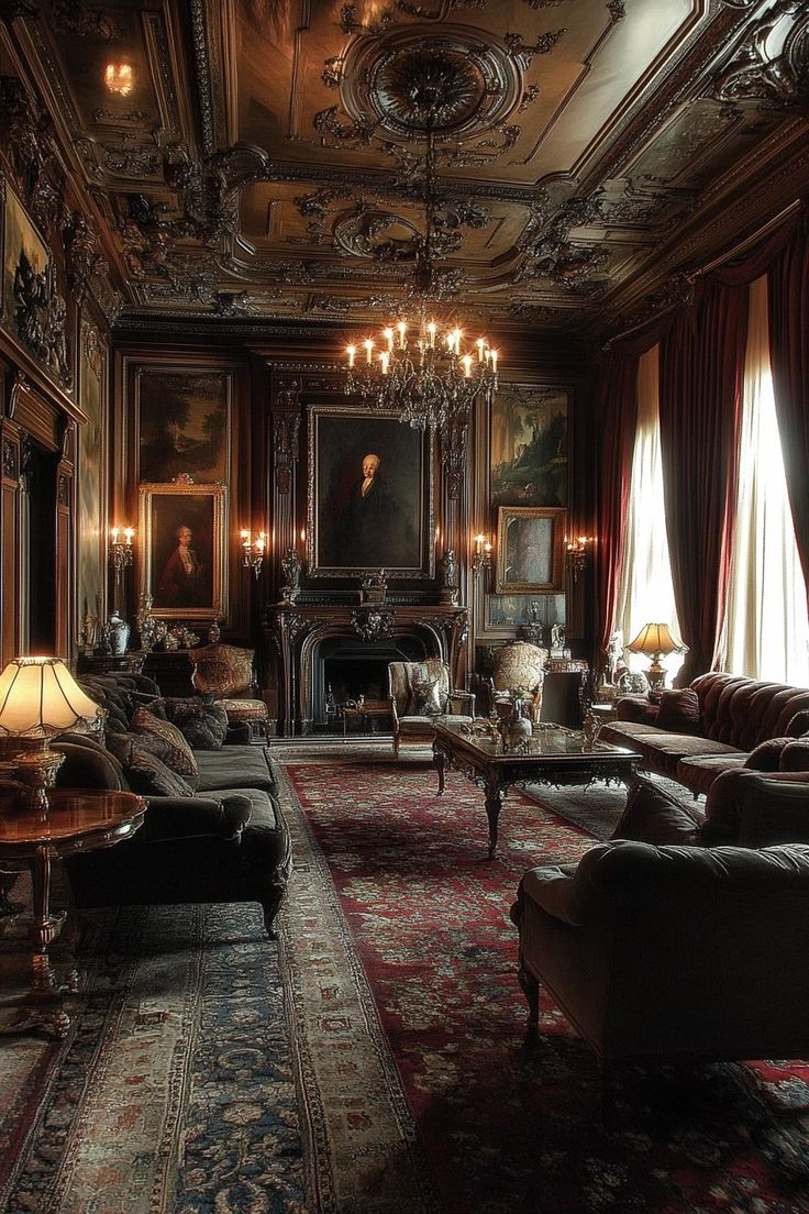 an ornate living room with chandelier, couches and paintings on the walls