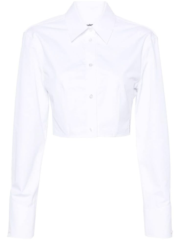 white cotton poplin texture mini logo tag classic collar front button fastening long sleeves buttoned cuffs boned bodice fitted waistline cropped Crop Top Dress Shirt, Cropped Dress Shirt, Cropped Collared Shirt, Gq Mens Style, Crop Top Shirt, Boned Bodice, Clothing Haul, Crop Dress, Mini Logo