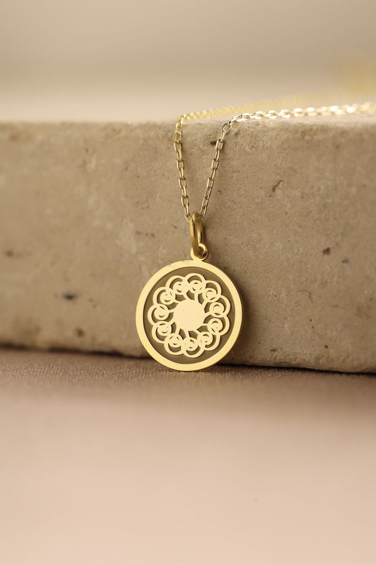 Gold Sun Pendant - Sun Gold Necklace ● Material of pendant: Solid Gold 14k ( REAL GOLD ) ● Metal Stamp: 14k ( REAL GOLD ) ● The pendant is available in 5 sizes: - 12,7 mm / 0.5 inches (Diameter) - 14,0 mm / 0,55 inches ( Diameter ) In the photos - 15,3 mm / 0.6 inches ( Diameter ) - 16,5 mm / 0,65 inches ( Diameter ) - 19,1 mm / 0,75 inches ( Diameter ) ( In the photos the size is 14mm / 0.55 inches Diameter ) ( Jump Ring inner diameter: 4 mm ) ● Material of chain: Solid gold 14k ( REAL GOLD ) I Silver Filigree Necklace In 14k Gold, Round Filigree Necklace For Anniversary, Yellow Gold Necklace With Flower Pendant For Anniversary, Yellow Gold Medallion Jewelry As A Gift For Her, Gold Filigree Jewelry As Gift, Gold Filigree Jewelry Gift, 14k Gold Flower Pendant Necklace For Anniversary, Gold Filigree Jewelry For Gift, 14k Gold Rose Gold Filigree Necklace