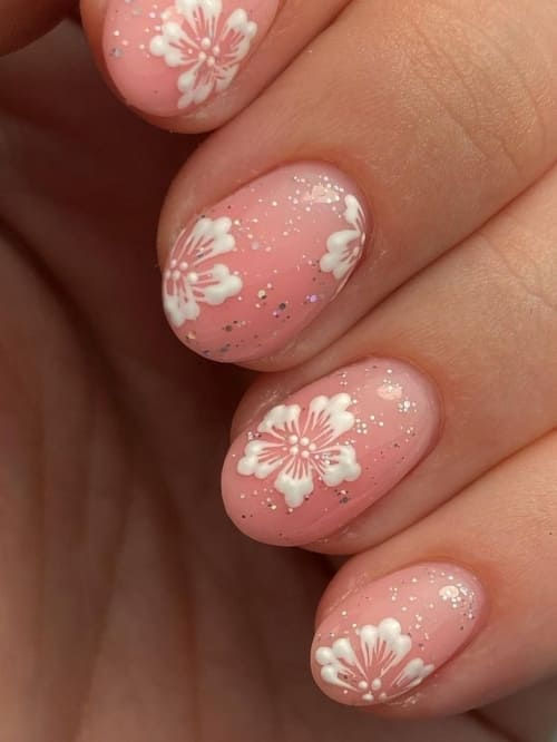 short summer nails: Hibiscus flower Pink Flower Nail Designs Short, Painted Nails Ideas Polish Short, Short Summer Nails Flowers, Short Nails Ideas For Summer, Cute Nails Acrylic Short Pink, Short Cute Summer Nails, Short Nails Pink Design, Very Short Summer Nails, Polish Nails Ideas