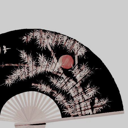 a black fan with white designs on it