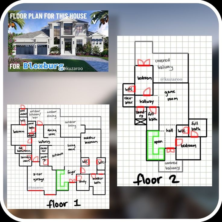 the floor plan for this house is shown in red, green and blue with two floors