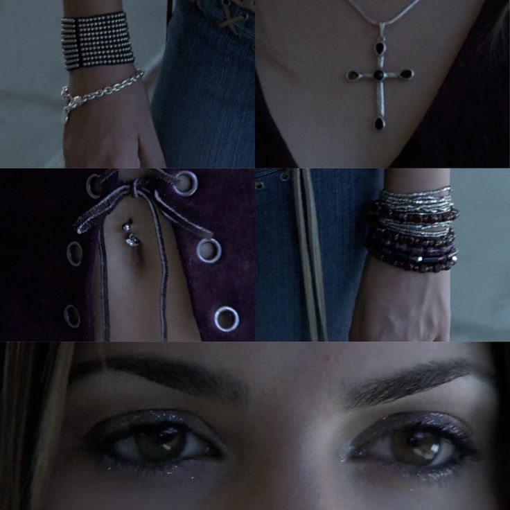 four different pictures of the same woman's face with jewelry on her neck and hands