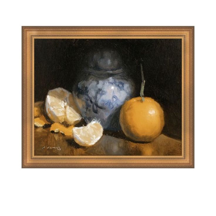 a painting of an orange and a vase on a table