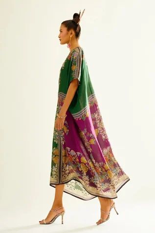 Shop for Rajdeep Ranawat Purple Majida Silk Printed Kaftan for Women Online at Aza Fashions Green Bohemian Kaftan For Festive Occasions, Festive Printed Dress With Kimono Sleeves, Festive Printed Dresses With Kimono Sleeves, Traditional Green Floral Print Kaftan, Traditional Printed Maxi Kimono, Traditional Printed Maxi Length Kimono, Bohemian Kaftan With Kimono Sleeves And Floral Embroidery, Traditional Maxi Length Printed Kimono, Traditional Green Floral Kaftan