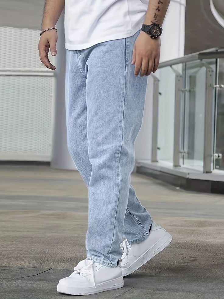 kkboxly Loose Fit Wide Leg Jeans, Men's Casual Distressed Chic Denim P – Kkboxly™ Light Wash Jeans Outfit, Blue Pants Men, Guys Fashion Casual, Wide Leg Jeans Outfit, Light Blue Pants, Jeans Outfit Men, Blue Jean Outfits, Pants Outfit Men, Types Of Jeans