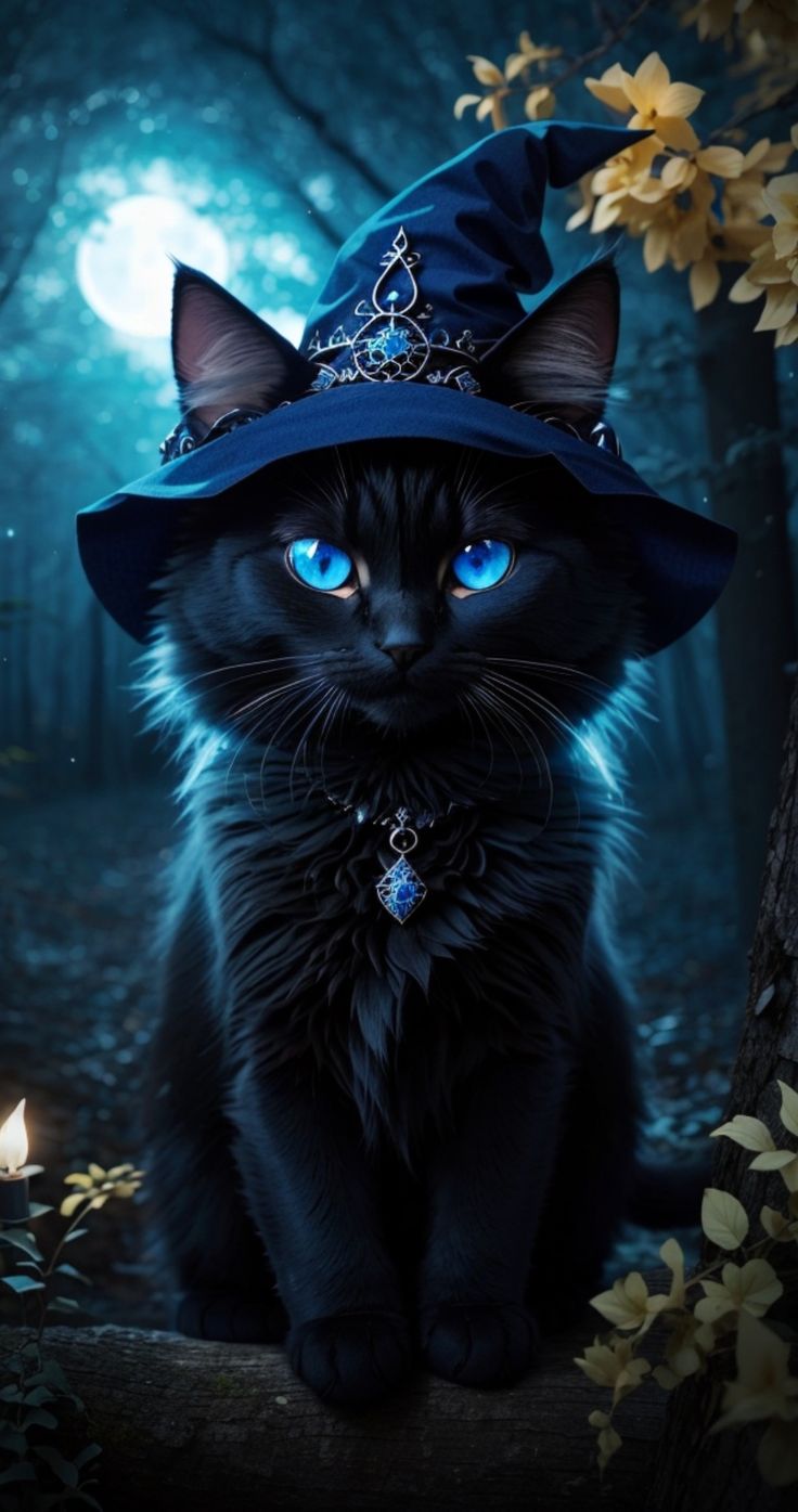 a black cat with blue eyes and a witches hat sitting on a tree branch in the woods