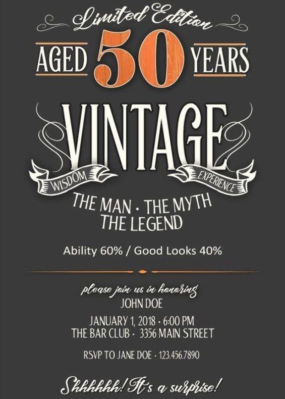 an old fashioned birthday party poster with the words 50 years vintage on it, in orange and