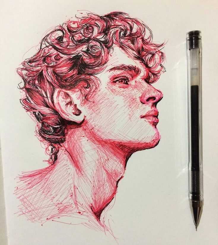 a drawing of a man's face with curly hair and a pen in his hand