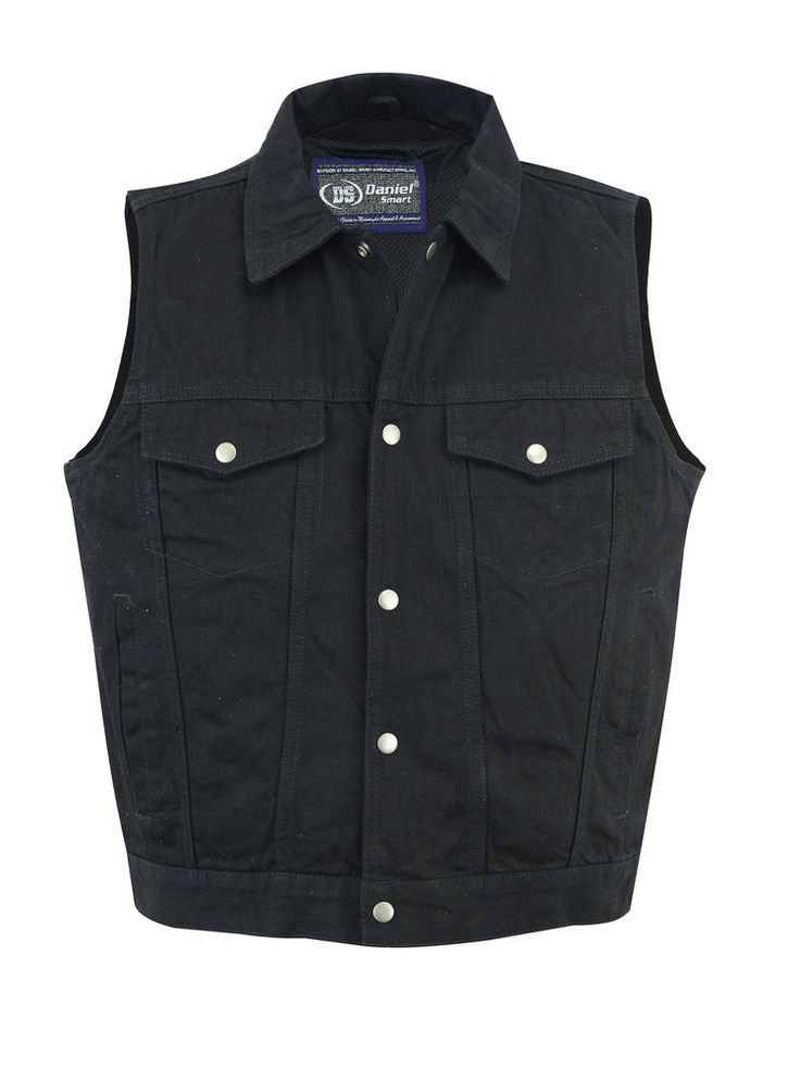 Men's Snap/Zipper Front Denim Vest- Black SIZES: S - 6XL COLOR: BLACK Denim Material. Shirt style collar. Front gun metal zipper hidden under snap-placket blocks wind & rain. 2 chest pockets and 2 lower hand pockets. 2 upgraded style concealed gun pockets between the snap and the zipper made of special heavy-duty t Oc Costume, Black Denim Vest, Motorcycle Apparel, Summer Goth, Weighted Vest, Collar Vest, Shoulder Support, Smart Men, Motorcycle Vest